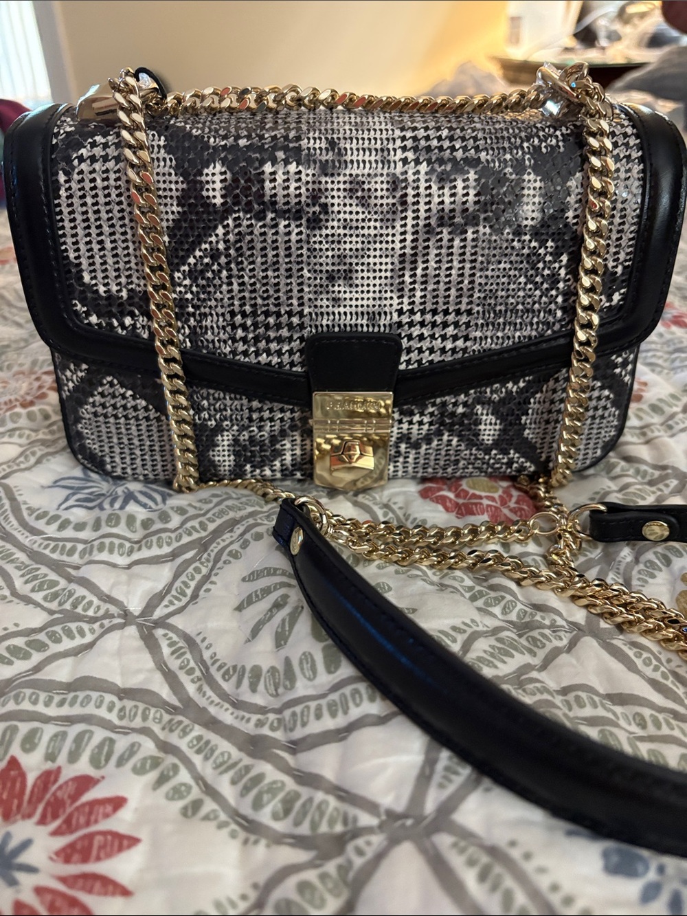 Brahmin Black & White Snake-Print Chain Rosa Crossbody Black Spark